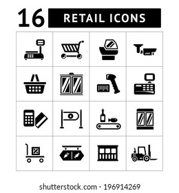 Set icons of retail and supermarket equipment isolated on white. Vector illustration
