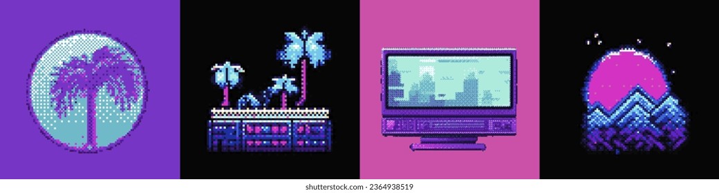 Set of icons in retro 8-bit style for icons, logos or print design. Palm trees, moon, a computer and other elements.