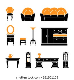 Set icons of retro furniture and home accessories isolated on white. Vector illustration