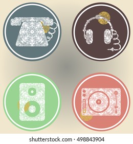 Set of icons in retro style with images of the phone, headphones, speakers, and music player. With oriental ornaments. It can be used for logos, websites, brochures, postcards, etc.