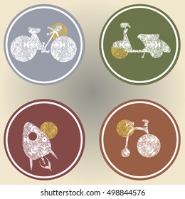 Set of icons in retro style with images of bicycles, scooters and missiles. Subject movement. East ornament. It can be used for logos, websites, brochures, postcards, etc.