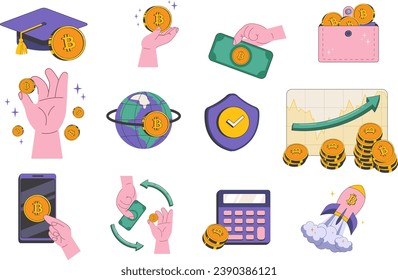 Set of icons in retro style  for online schools cryptocurrency and trading on exchanges. Hands with Bitcoin coins, Sales increase charts, wallet, Bachelor's hat