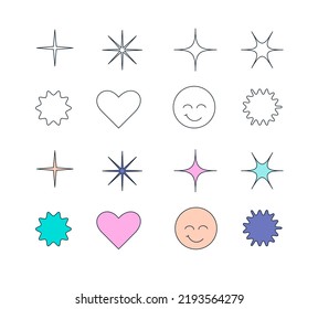 set of icons in retro style with thin strokes with stars and emoticons on the white background
