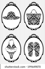 Set of icons in retro style at vacation on the beach theme with hat, beach bag, swimsuit, flip-flops.