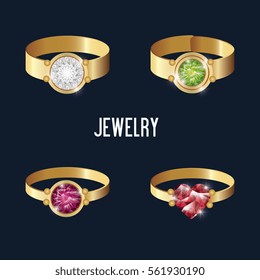 set icons rings gold gems isolated