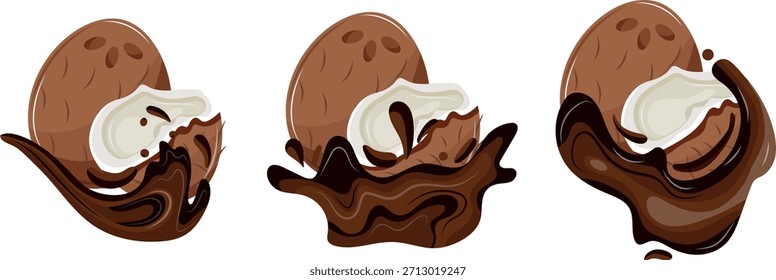 set of icons of ripe coconuts in melted chocolate with different splashes and sizes, for textiles, packaging and digital design