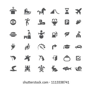 Set of icons. Road and animals. Carousel skates snowman burger and tower. Black and white isolated