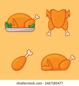 Set of icons of roasted chicken in flat style. Vector illustration for design and web.