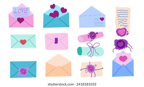 Set of icons for a romantic Valentine's day message. Set of love and greeting letters of various shapes colors, sealed in envelopes and scrolls with a seal, empty materials for writing a letter.