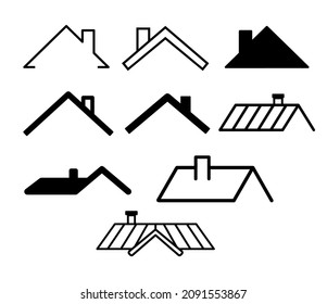 Set of icons of roofs of houses with chimney pipe isolated. Simple vector illustrations for realtor logo, roof construction and repair.