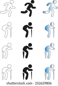 set of icons runner, disabled, elderly person, vector illustration trace, filled with black color and filled with gradient.