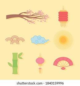 set icons sakura tree flower cloud fan lantern oriental element decoration vector illustration color design