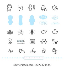 Set icons for sanitary pads. Vitality icon set for human-improving products. Vector illustration. Isolated on white background. It can be used in the adv, promo, package, etc. EPS10.