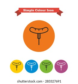 Set of icons with sausage on fork, with text on red ribbon
