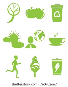 Set of icons in save environment concept. Healthy food, running person, politician thinking about global issues, garbage bin with recycling sign vector