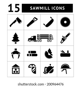 Set icons of sawmill, timber, lumber and woodworking isolated on white. Vector illustration