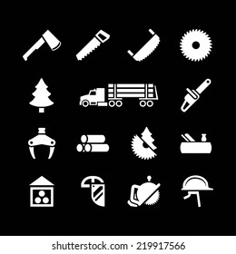 Set icons of sawmill, timber, lumber and woodworking isolated on black. Vector illustration