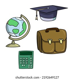 Un conjunto de íconos, una colección escolar, un globo en un stand, una calculadora verde, maletas y un sombrero de graduación, una ilustración vectorial al estilo de las caricaturas