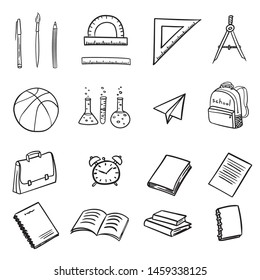 set of icons with school elements on return to school in doodle style isolated on white background. Vector illustration