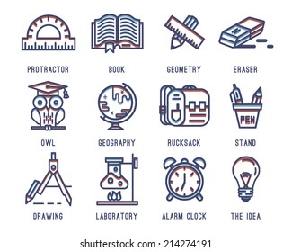 Set of icons for school.Learning and education.Briefcase, Backpack, Knapsack, School, Geography. School supplies, pencil, eraser, pen, compass, clock, globe, book, lamp, tube, owl, line,protractor.