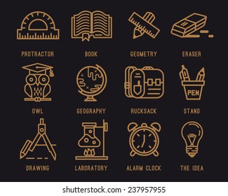 Set of icons for school.Learning and education.Briefcase , Backpack, Knapsack, School, Geography. School supplies, pencil, eraser, pen, compass, clock, globe, book, lamp, tube, owl, line,protractor.