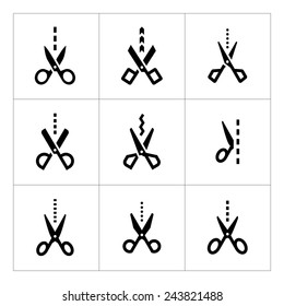 Set icons of scissors with cut line isolated on white. Vector illustration