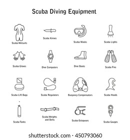 set icons scuba diving equipment, in a modern style lines. 16 diving icons. Isolated element for website, advertisements. Isolated element for website, online store or shop. Vector illustration. eps10