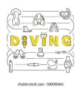 Set icons scuba diving equipment banner, in a modern thin style lines. Diving icons Isolated element for website, advertisements, online store or shop. Vector illustration. eps10