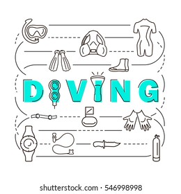 Set icons scuba diving equipment banner, in a modern thin style lines. Diving icons Isolated element for website, advertisements, online store or shop. Vector illustration. eps10