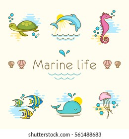 Set of icons with sea animals. Vector illustration in a linear style. Sea life. Graphic elements of the inhabitants of the ocean.