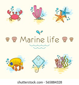 Set of icons with sea animals. Vector illustration in a linear style. Sea life. Graphic elements of the inhabitants of the ocean.