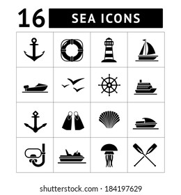 Set icons of sea, beach and travel isolated on white. Vector illustration