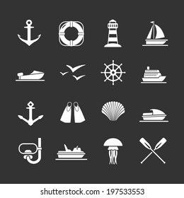 Set icons of sea, beach and travel isolated on black. Vector illustration