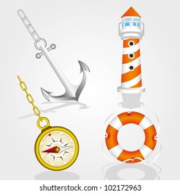 set of icons from the sea, including lighthouse, life float, compass and anchor, vector illustration