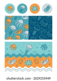 A set of icons and seamless backgrounds of marine life. One line of octopus, jellyfish and shells. Funny simple drawings of the sea world.