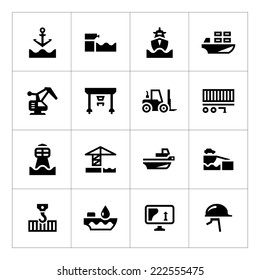 Set Icons Of Seaport Isolated On White. Vector Illustration