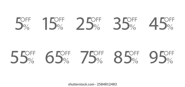 A set of icons for seasonal sales. A template for discounts, marketing and advertising. Low price symbols 5, 15, 25, 35, 45, 55, 65, 75, 85 and 95 percent