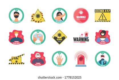 set of icons security measures and precautions, warning signs vector illustration design