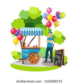 Set of icons. The seller is in blue uniform. Menu board and trolley with dessert. Balloons. Park with trees and bushes. Vector illustration.

