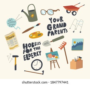 Set of Icons Senior Hobbies Theme. Gardening, Painting and Reading News. Watering Can. Wheelbarrow and Easel, Rake, Paint Brush and Palette with Newspaper and Working Tools. Linear Vector Illustration