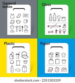 A set of icons for separating trash. Vector elements are made with high contrast, well suited to different scales and on different media. Ready for use in your design. EPS10.