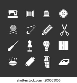 Set icons of sewing isolated on black. Vector illustration