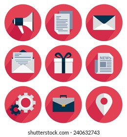 Set icons with shadow on a red background, megaphone, document, email, email open, surprise, news, settings, briefcase, location