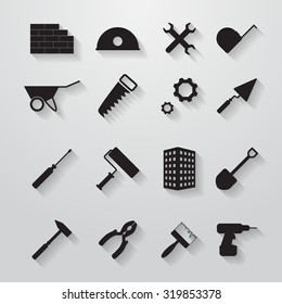 Set of icons with shadows on a theme constructing tools