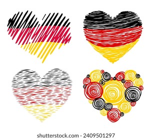 Set of icons in the shape of heart, flag of Germany. Brushstroke heart-shaped icons black, red and yellow German flag.