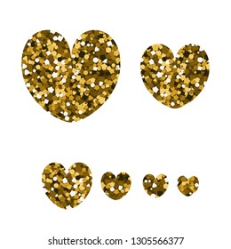 Set of icons in the shape of hearts. Vector illustration. Gold sequins.