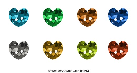 Set of icons in the shape of hearts. Vector illustration. Multicolored glitter.