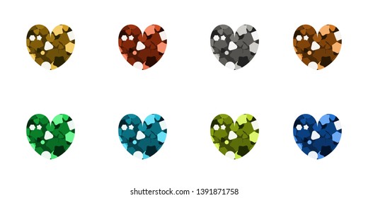 Set of icons in the shape of hearts. Vector illustration. Multicolored sparkle.