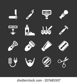 Set icons of shave, barber equipment and accessories isolated on black. Vector illustration