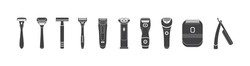 Set Of Icons Of Shavers And Shaving Razors, Cartoon Vector Illustration Isolated On White Background. Male Shaving Tools Black Minimalist Symbols Collection.
